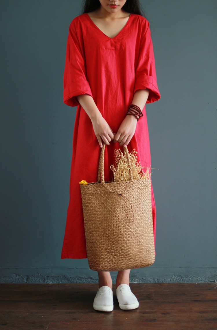 V-collar-cotton-linen-long-gown-New-2016-autumn-half-sleeve-loose-waist-casual-dresses-for-female-Vi-32707808807