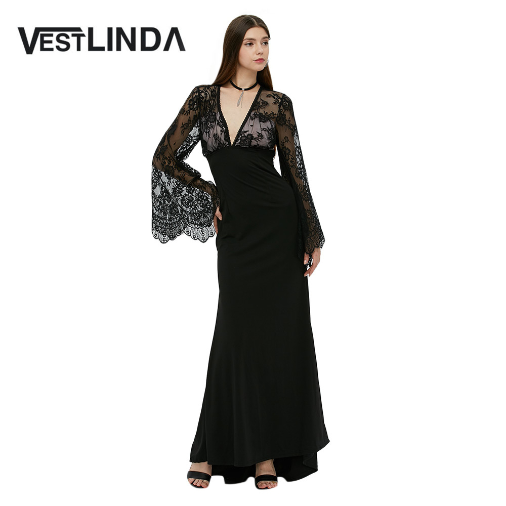 VESTLINDA-Sexy-Club-Dress-Women-Evening-Party-Dresses-Black-Lace-Flare-Sleeve-See-through-Backless-L-32789244582