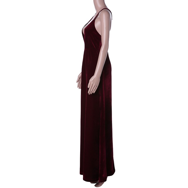 Velour-Vintage-Velvet-Wine-Red-Empire-Spaghetti-Strap-Draped-V-Neck-Women-Pleuche-Sleeveless-Ankle-L-32774284909