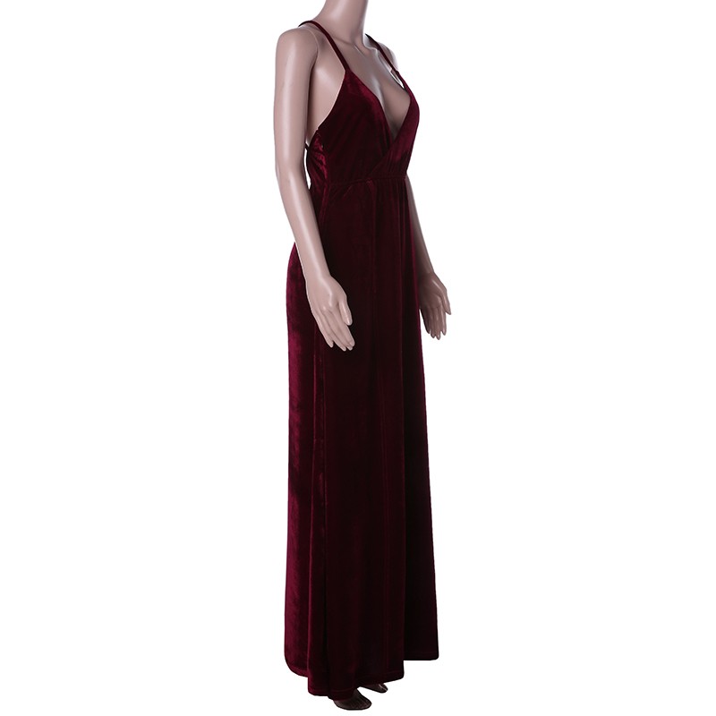 Velour-Vintage-Velvet-Wine-Red-Empire-Spaghetti-Strap-Draped-V-Neck-Women-Pleuche-Sleeveless-Ankle-L-32774284909