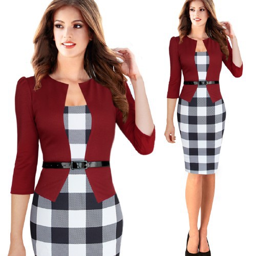 Vfemage-Womens-Elegant-Faux-Jacket-One-Piece-Belted-Tartan-Lace-Patchwork-Wear-to-Work-Business-Penc-32219604594