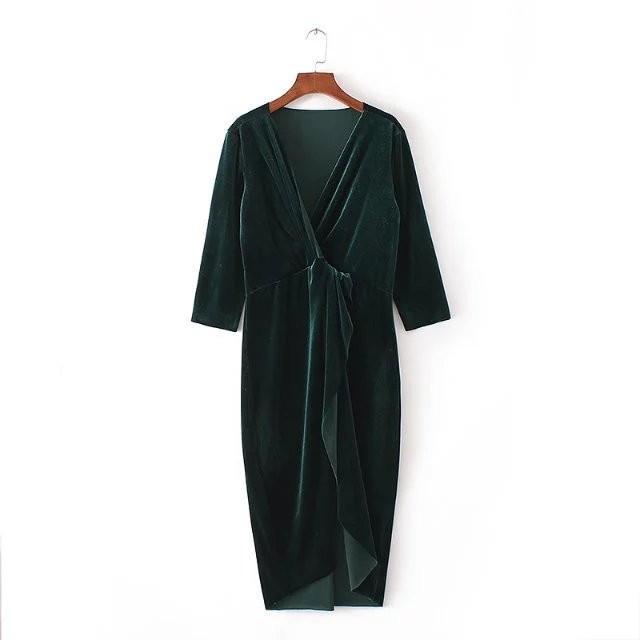 Winter-Velvet-Dress-Cross-Deep-V-Long-Sleeve-Sexy-robe-Solid-Color-Women-Casual-Dresses-Plus-Size-XZ-32772671484