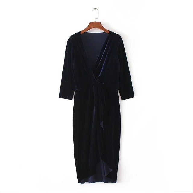 Winter-Velvet-Dress-Cross-Deep-V-Long-Sleeve-Sexy-robe-Solid-Color-Women-Casual-Dresses-Plus-Size-XZ-32772671484