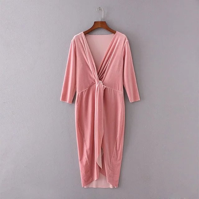 Winter-Velvet-Dress-Cross-Deep-V-Long-Sleeve-Sexy-robe-Solid-Color-Women-Casual-Dresses-Plus-Size-XZ-32772671484
