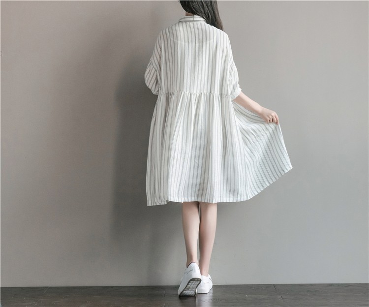 Women-Dress-Long-Sleeve-Dress-White-Stripped-A-Line-Turn-Down-Collar-Mori-Gril-Cotton-Casual-Dress-S-32783559578