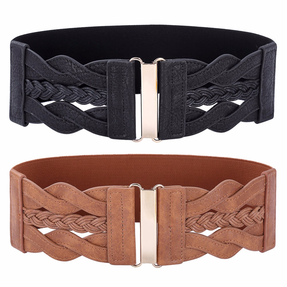Women-Ladies-Girls-Fashion-Wide-Braided-Polyurethane-Leather-Black-Stretchy-Elastic-Waist-Belt-Waist-32771552380