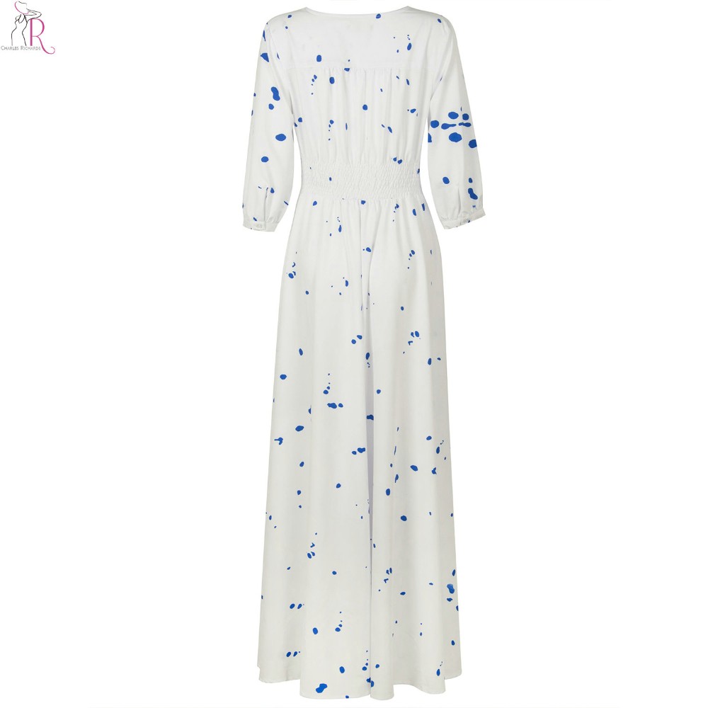 Women-Maxi-Dress-White-Ink-Point-Three-Quarter-Sleeve-V-Neck-A-Line-Casual-Streetwear-2017-Fall-Fash-32753838769