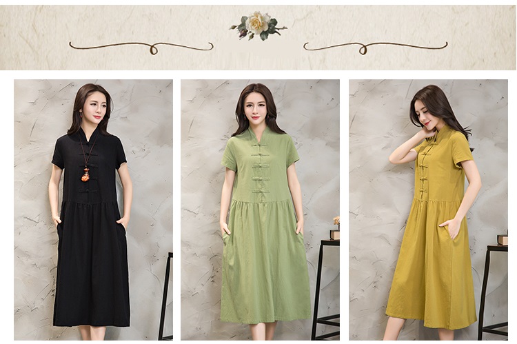 Women-Summer-Dress-Green-Yellow-Black-V-Neck-Cotton-Linen-Dress-Casual-Loose-Short-Sleeve-Dress-Size-32792448484