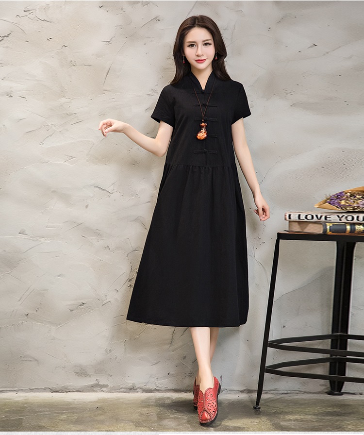 Women-Summer-Dress-Green-Yellow-Black-V-Neck-Cotton-Linen-Dress-Casual-Loose-Short-Sleeve-Dress-Size-32792448484