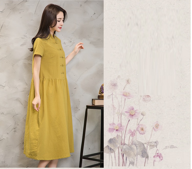 Women-Summer-Dress-Green-Yellow-Black-V-Neck-Cotton-Linen-Dress-Casual-Loose-Short-Sleeve-Dress-Size-32792448484