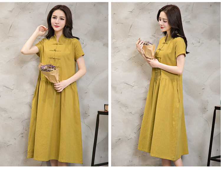 Women-Summer-Dress-Green-Yellow-Black-V-Neck-Cotton-Linen-Dress-Casual-Loose-Short-Sleeve-Dress-Size-32792448484