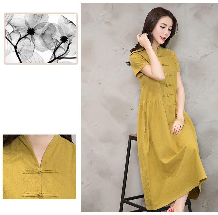 Women-Summer-Dress-Green-Yellow-Black-V-Neck-Cotton-Linen-Dress-Casual-Loose-Short-Sleeve-Dress-Size-32792448484