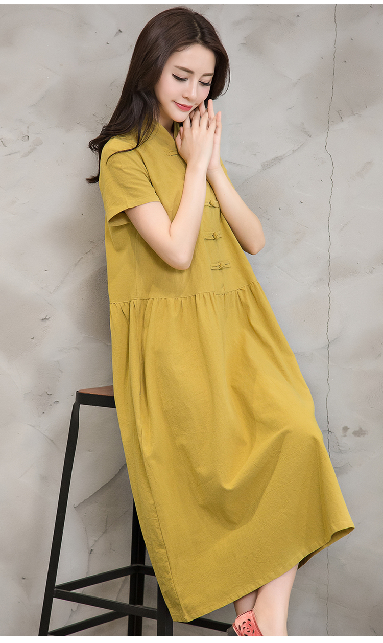 Women-Summer-Dress-Green-Yellow-Black-V-Neck-Cotton-Linen-Dress-Casual-Loose-Short-Sleeve-Dress-Size-32792448484