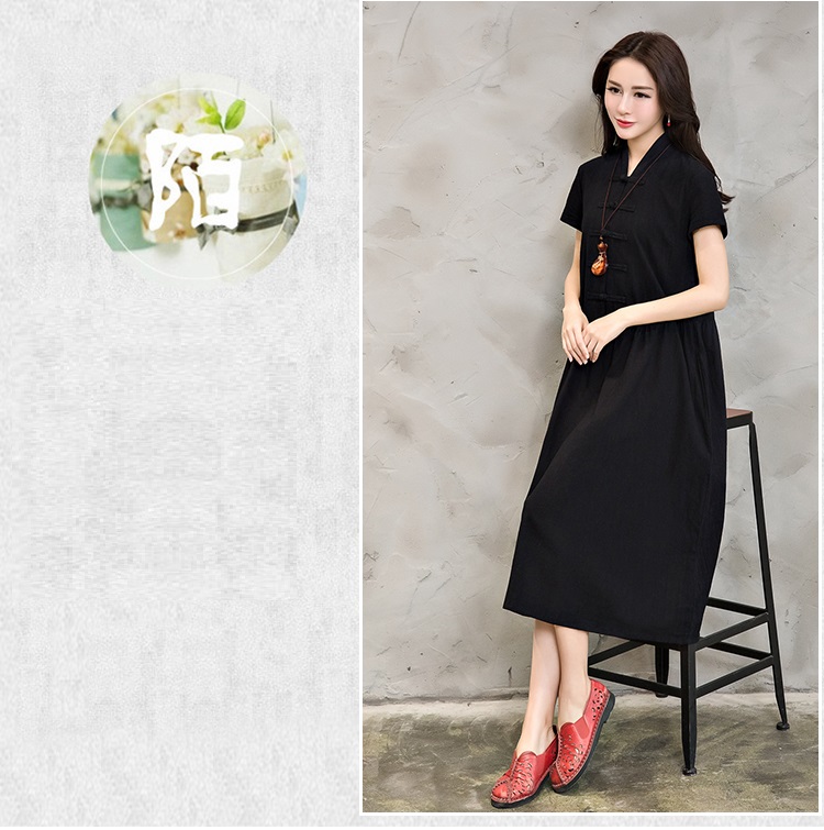 Women-Summer-Dress-Green-Yellow-Black-V-Neck-Cotton-Linen-Dress-Casual-Loose-Short-Sleeve-Dress-Size-32792448484