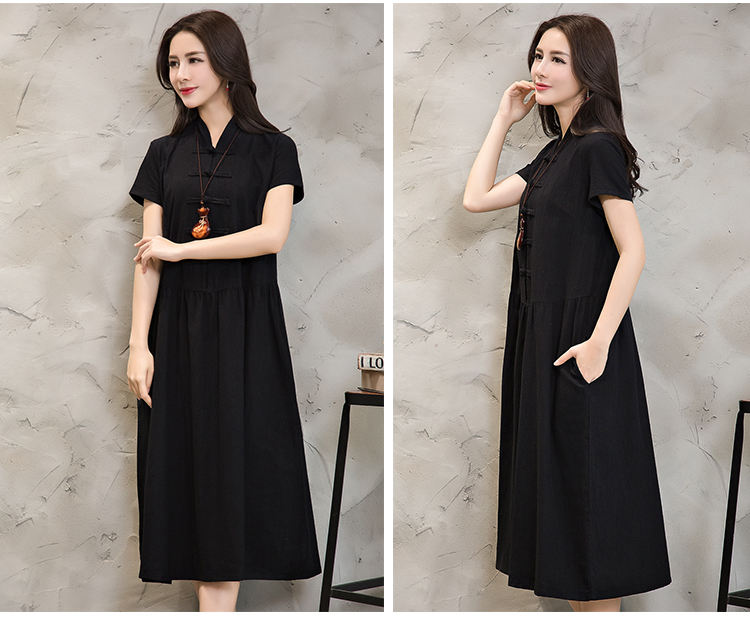 Women-Summer-Dress-Green-Yellow-Black-V-Neck-Cotton-Linen-Dress-Casual-Loose-Short-Sleeve-Dress-Size-32792448484