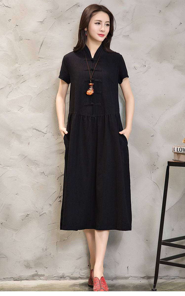 Women-Summer-Dress-Green-Yellow-Black-V-Neck-Cotton-Linen-Dress-Casual-Loose-Short-Sleeve-Dress-Size-32792448484