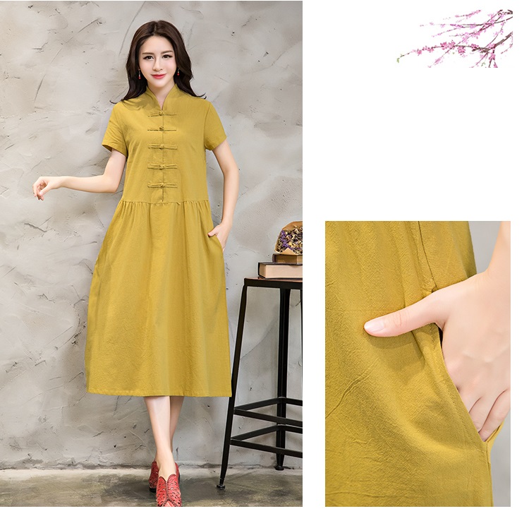 Women-Summer-Dress-Green-Yellow-Black-V-Neck-Cotton-Linen-Dress-Casual-Loose-Short-Sleeve-Dress-Size-32792448484