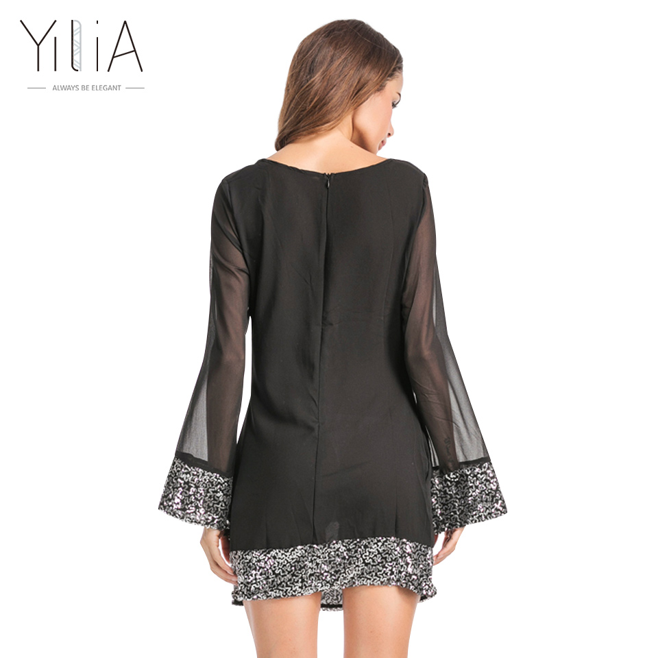 Yilia-2017-Women-Autumn-Summer-Mini-Dress-Sexy-Sequins-Patchwork-Black-Chiffon-Shift-Seethrough-Part-32753747913