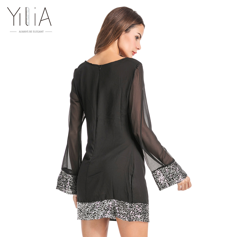Yilia-2017-Women-Autumn-Summer-Mini-Dress-Sexy-Sequins-Patchwork-Black-Chiffon-Shift-Seethrough-Part-32753747913