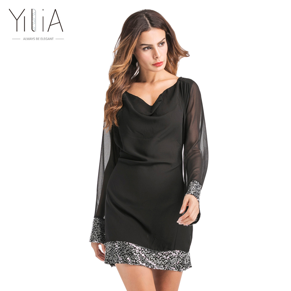 Yilia-2017-Women-Autumn-Summer-Mini-Dress-Sexy-Sequins-Patchwork-Black-Chiffon-Shift-Seethrough-Part-32753747913