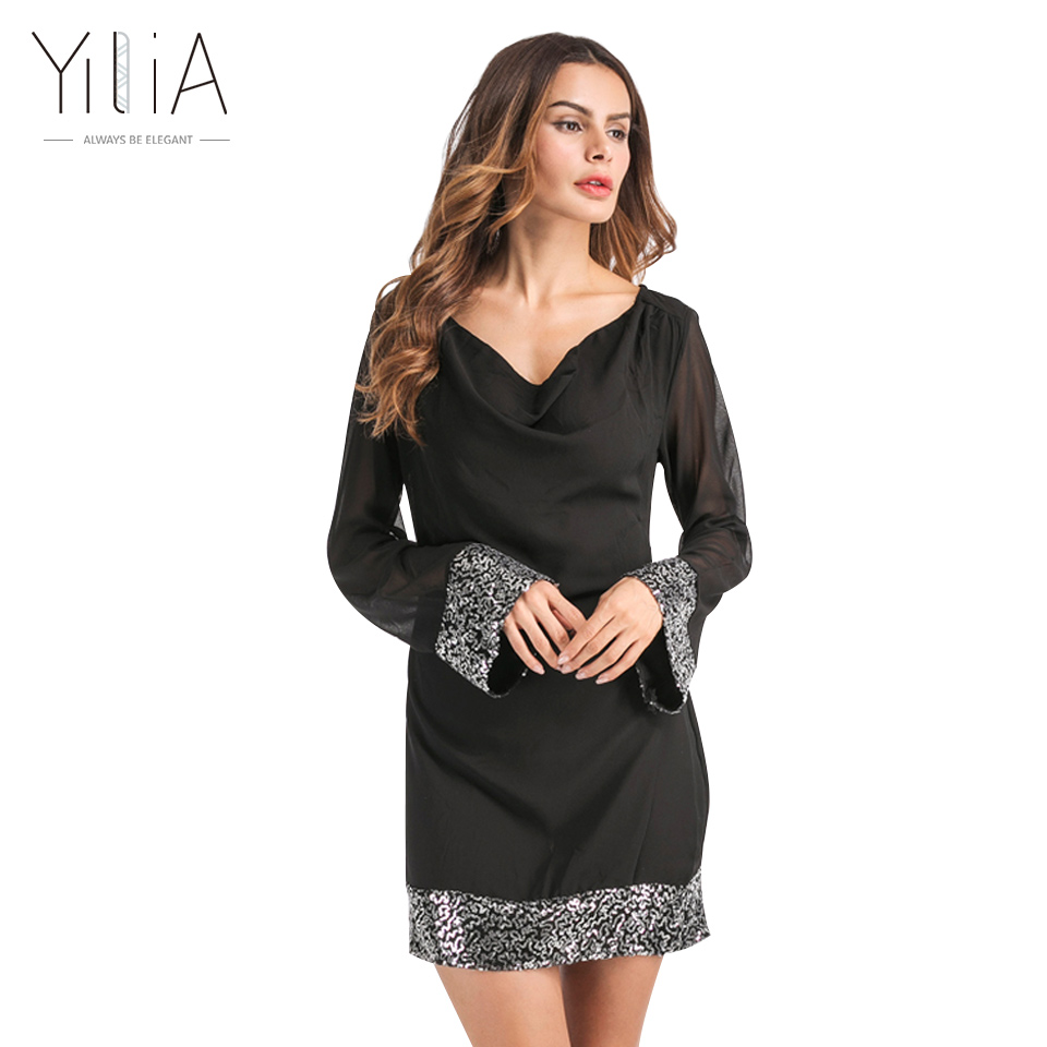 Yilia-2017-Women-Autumn-Summer-Mini-Dress-Sexy-Sequins-Patchwork-Black-Chiffon-Shift-Seethrough-Part-32753747913