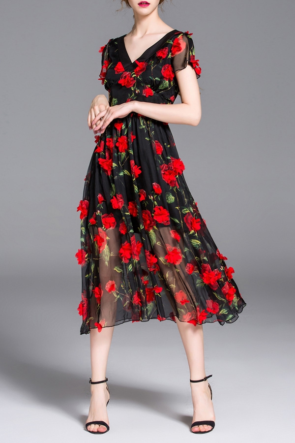 ZAFUL-Brand-Women-Summer-Cocktail-Party-Flower-Dress-Elegant-A-Line-Rose-Floral-Mid-Calf-Appliques-D-32795239055