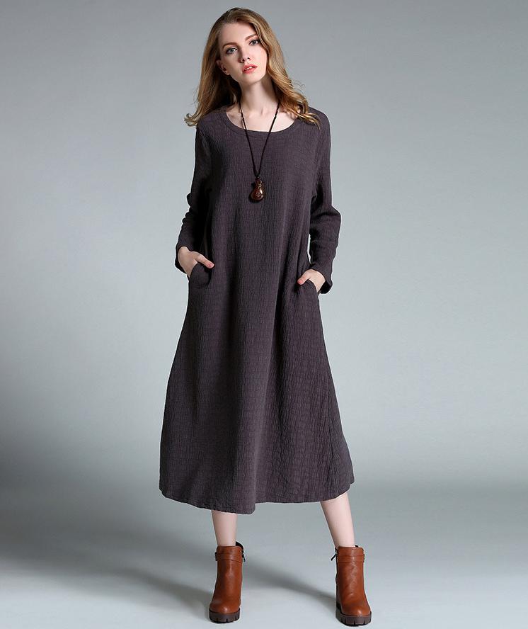 xl-4xl-Plus-Size-Long-Women-Dresses-Simple-Pure-Color-Cotton-Long-Sleeve-Round-Neck-Mid-calf-Pockets-32749766278