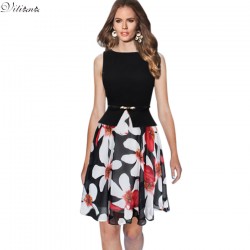  2017 Womens Summer Vintage Elegant Belted Black Blue Chiffon Print Patchwork Tunic Work Office Party  A-Line Dress