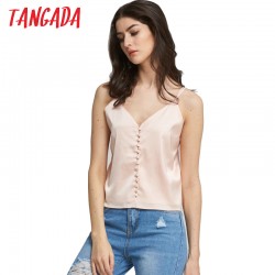  Tangada women tank top sexy Satin Look Silk Tanks Strappy backless girls camisole Beach short crop tops 2017 Pink camis 5D6