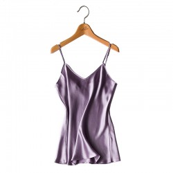 100% Pure Silk Women's Camis Fashion Simple Women Halter Tops Purple V Collar Female Camisoles Woman Sleeveless Silk Satin