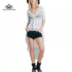 2016 summer new European and American style full lace short in front long flowing v-neck white beach high-low dress