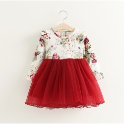 2017 Baby Girls Floral Mesh Ball Long Sleeve Dresses, Princess Kids Spring Dazzel Bow Cute Dress 