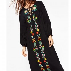 2017 Floral Embroidery Long Maxi Dress Drawstring O Neck Long Sleeve Casual Party Women Dresses Plus Size vestidos CCWM8176