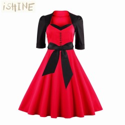 2017 New 50s 60s Retro Vintage Dress Audrey Hepburn Sleeveless Spring Summer Patchwork Plus Size Red Women Dress
