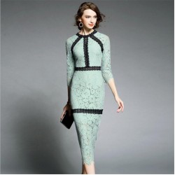 2017 New Arrival Women Dress High Quality Patchwork Luxury Full Lace Dress Mid-Calf Ladies Green Elegant Dresses OL Vestidos Hot