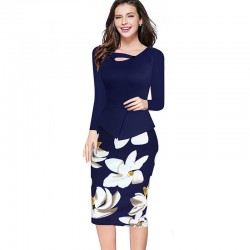 2017 New Autumn Winter Women Floral Print Patchwork Working Sheath Long Sleeve Bodycon Office Plus Size 4XL 5XL Pencil Dress