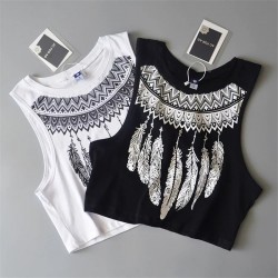 2017 New Fashion Women Sleeveless Bustier cool feather Print Crop Top Summer Casual Women white cotton Tops Vest Tank Tops
