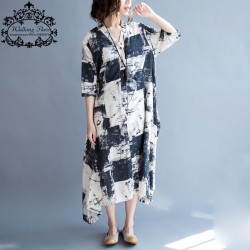 2017 Plus Size Women Dress Linen Long Cardigan Blouse Summer Vintage O-Neck Pattern Print Female Big Size Casual Elegant Dresses