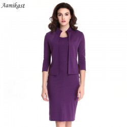 AAMIKAST Autumn Women Dress Hot Sale Celeb 2 PCS Vintage Retro Tunic Slim Work Business Casual Party Bodycon Pencil vestido 