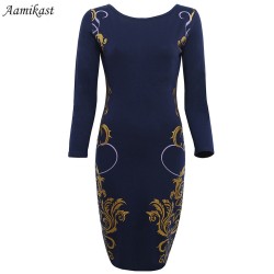 AAMIKAST New Fashion 2017 Elegant Full Sleeve Knee-length Stretch Slim Temperament Charm Party Cocktail Maxi Print Dresses S-XXL