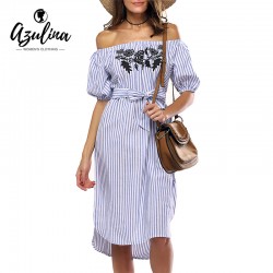 AZULINA Casual Blue Striped t shirt summer Dress Women Off the Shoulder Floral Embroidery Sexy Beach Midi Dress Sundress 2017