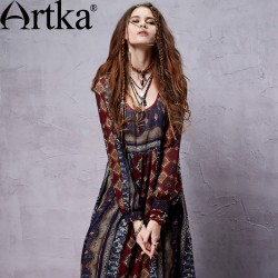 Artka Women's Autumn Bohemian Deep O-Neck Drawstring Cinched Waist Frilled Swing Long Sleeve Light Chiffon Dress LA14356C