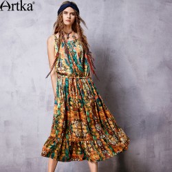 Artka Women's Spring New Boho Style Printed Spaghetti Strap Dress Vintage Cinched Waist Drawstring Wide Hem Dress LA11069C