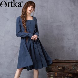 Artka Women's Spring New Solid Color Embroidery Dress Vintage Square Collar Long Sleeve Drawstring Waist Dress LA11660Q