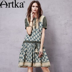 Artka Women's Summer New Catalonia Series Printed Embroidery Dress O-Neck Short Sleeve Dropped Waist Knee-Length Dress LA14356X