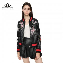 Bella Philosophy 2016 new winter floral printing embroidery applique women clothing faux PU leather women bomber jacket