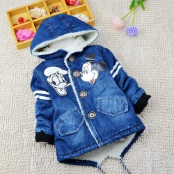 BibiCola Winter Warm Denim Coat for boys Children Hooded Long Jean Jackets Brand Kids mini mouse Thermal Overcoat Outerwear