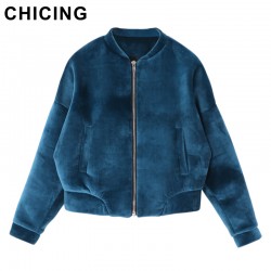 CHICING Women Warm Velvet Solid Color Short Long Sleeves Coat 2016 New Fashion Winter Basic Padded Flight Bomber Jacket B1610015