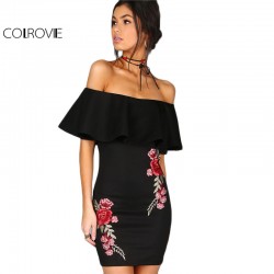 COLROVIE Summer Dress Women Black Sexy Off Shoulder Embroidery Party Dresses 2017 Rose Applique Ruffle Elegant Bodycon Dress
