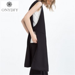 Chalecos Mujer 2017 Side Split Black White Lang Zwart Vest Women Long Sleeveless Blazer Lapel Collar Waistcoat Gilet Femme